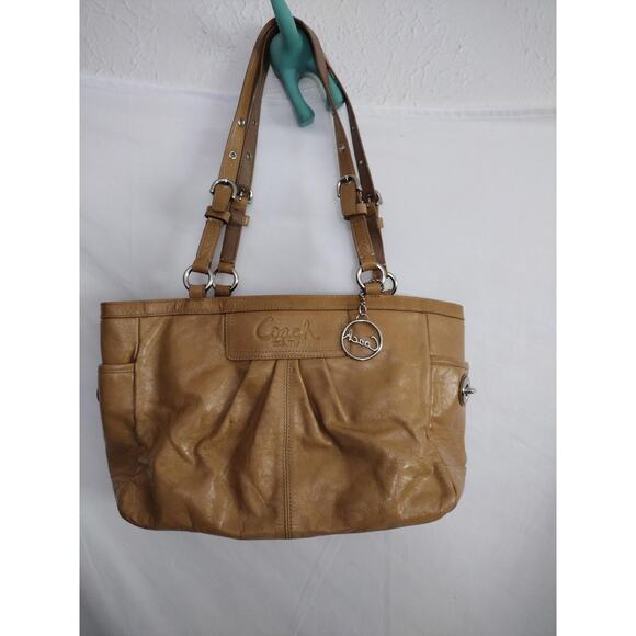 Coach Leather Shoulder Bag Womens Tan Pleated Tote Turnlock Pockets Zip Top - Picture 1 of 12